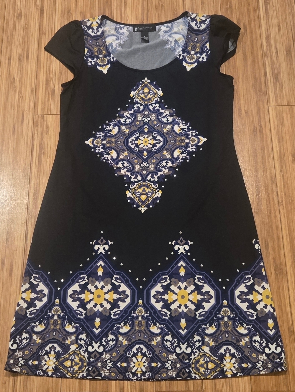 INC International Concepts Black Patterned Cap-Sleeve Dress